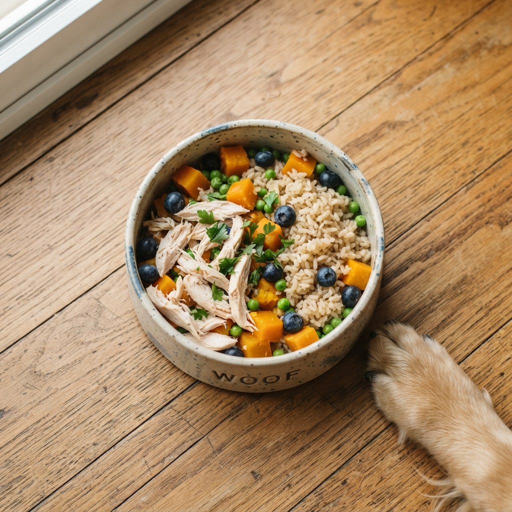 A dog bowl of shredded chicken, rice, pumpkin and blueberries